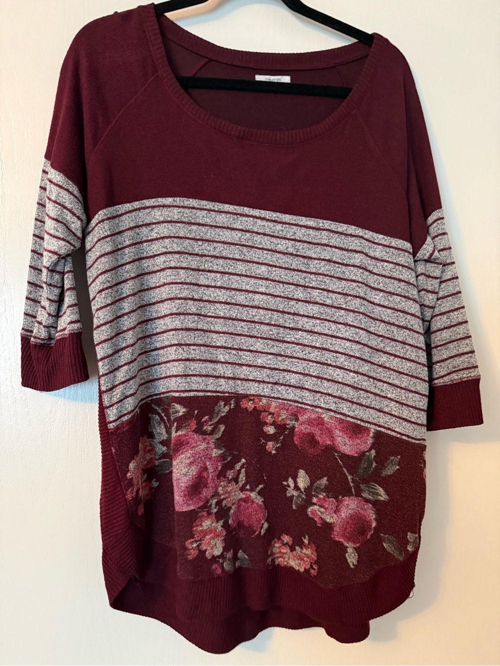 Maurices Burgundy and Gray Striped Floral Scoop Neck Sweater